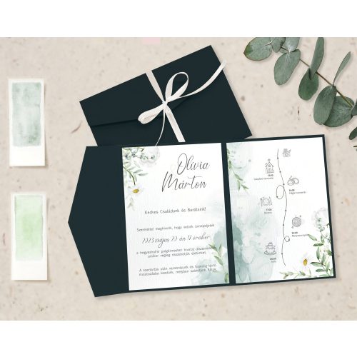 Zöld margarétás borítékba hajtott esküvői meghívó