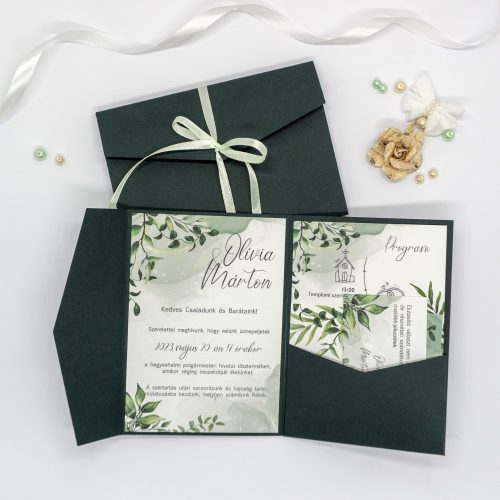 Sötét zöld több részes, zsebes borítékba hajtott esküvői meghívó