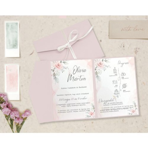Rózsaszín borítékba hajtott esküvői meghívó