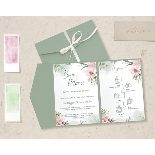 Borítékba hajtott zöld rózsaszín virágos esküvői meghívó