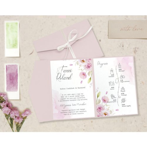 Borítékba hajtott rózsaszín virágos esküvői meghívó
