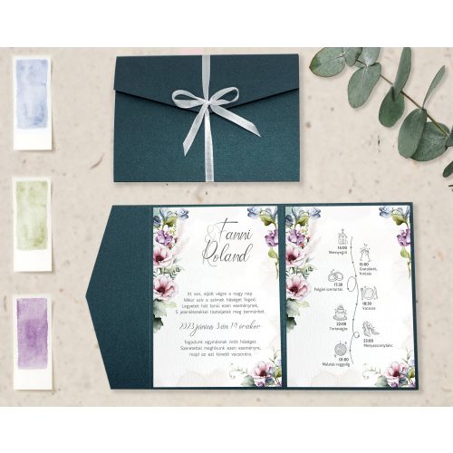 Csillógós zöld borítékba hajtott esküvői meghívó