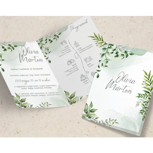 Zöld leveles kinyitható esküvői meghívó