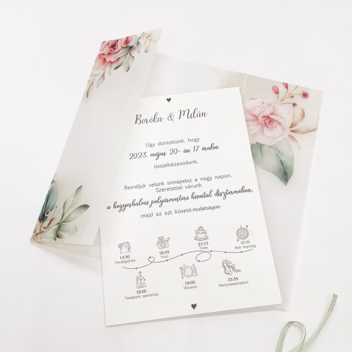 Pauszpapíros  rózsaszín virágos esküvői meghívó